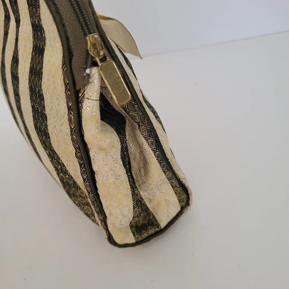 Christian Dior Vintage Cosmetic Bag Striped Brocade Gold Green Bow Logo‎ Pouch